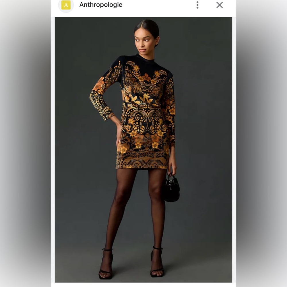 Anthropologie Black and Gold Floral Velvet Mini Dress NWT